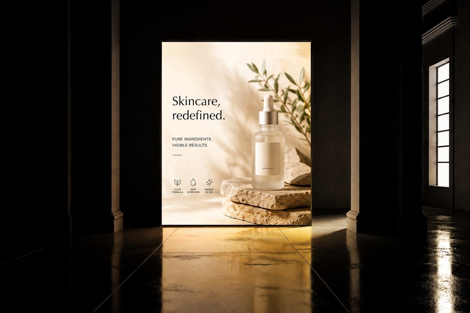 Skincare campaign on an illuminated lightbox display: a frosted serum dropper on travertine stone beside an olive sprig, under the line 'Skincare, redefined.'