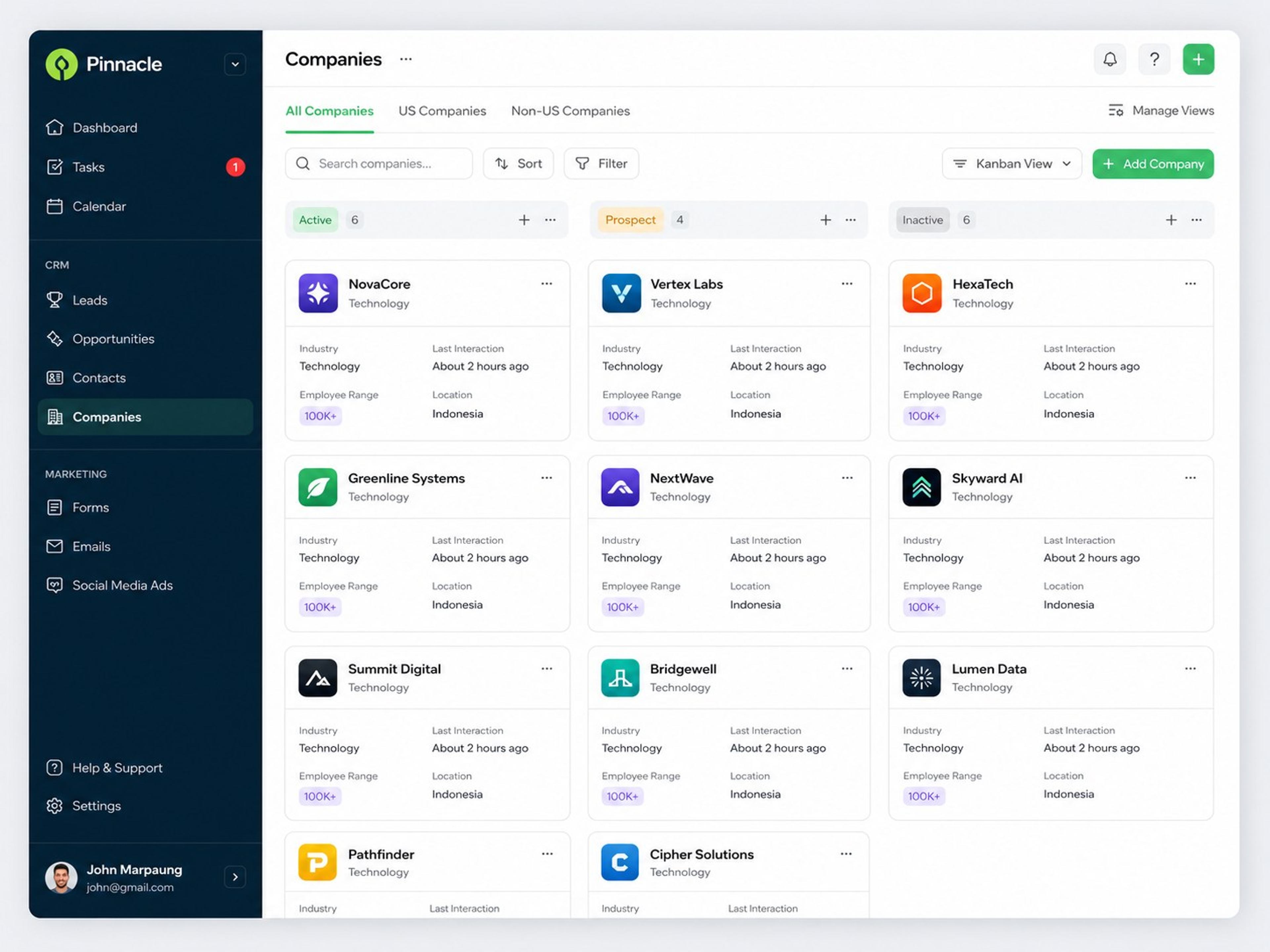A sales CRM dashboard: a dark navigation rail beside a companies board, with account cards grouped into active, prospect and inactive columns.