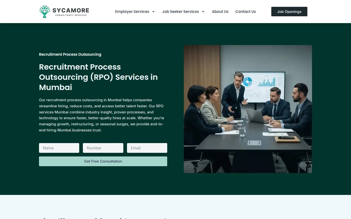 Sycamore recruitment process outsourcing page for Mumbai, with the enquiry form beside the hero image