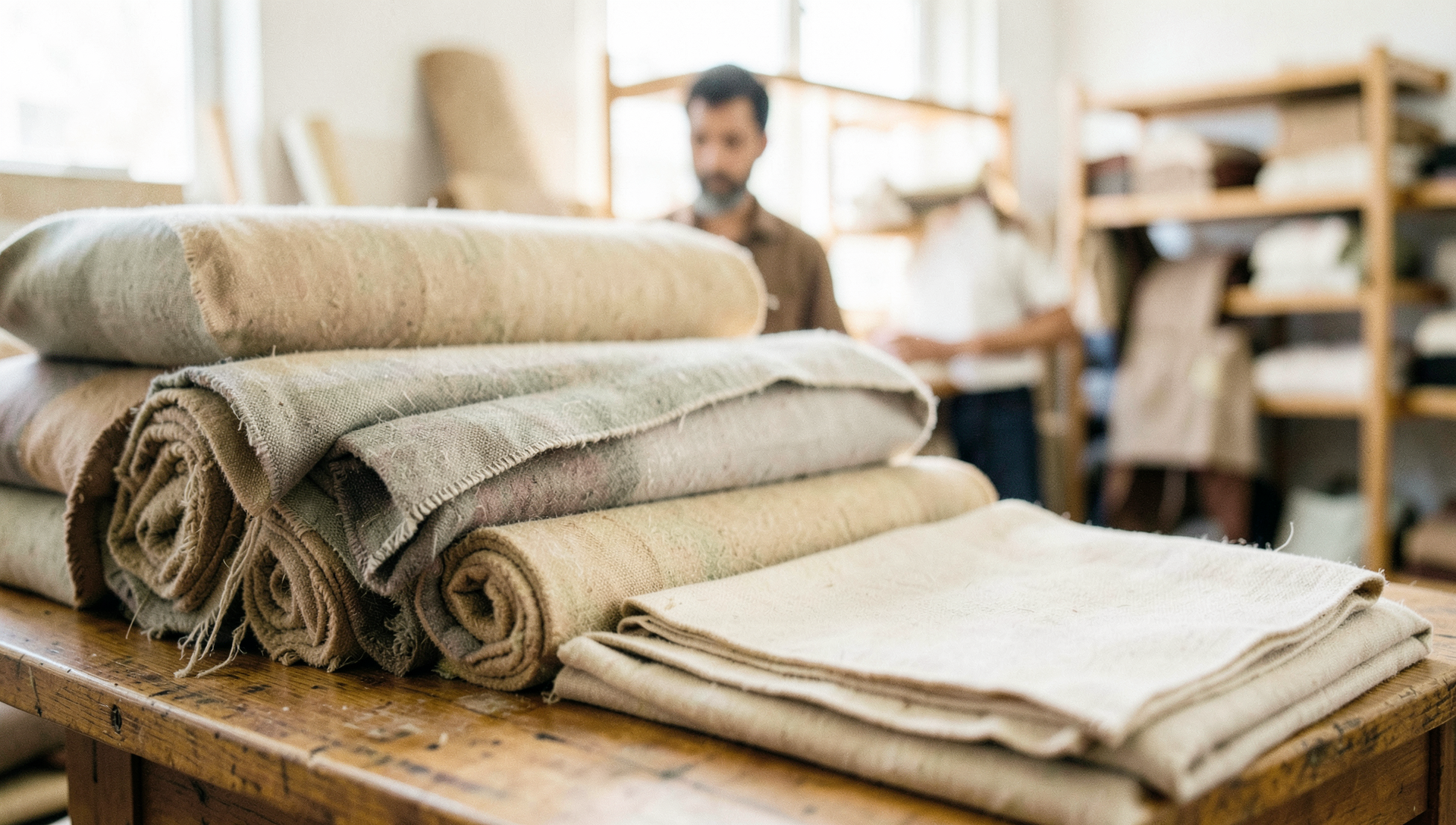 Folded natural-fibre apparel still life — Kolkata leather exporter, Kolkata · Webzenia SEO case study