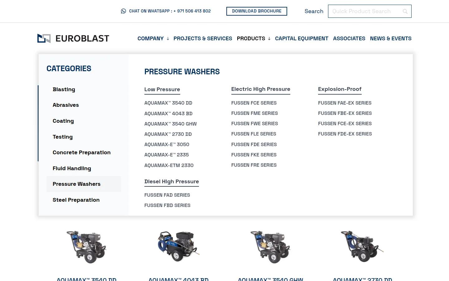 Euroblast Products mega menu grouping pressure washers by power source