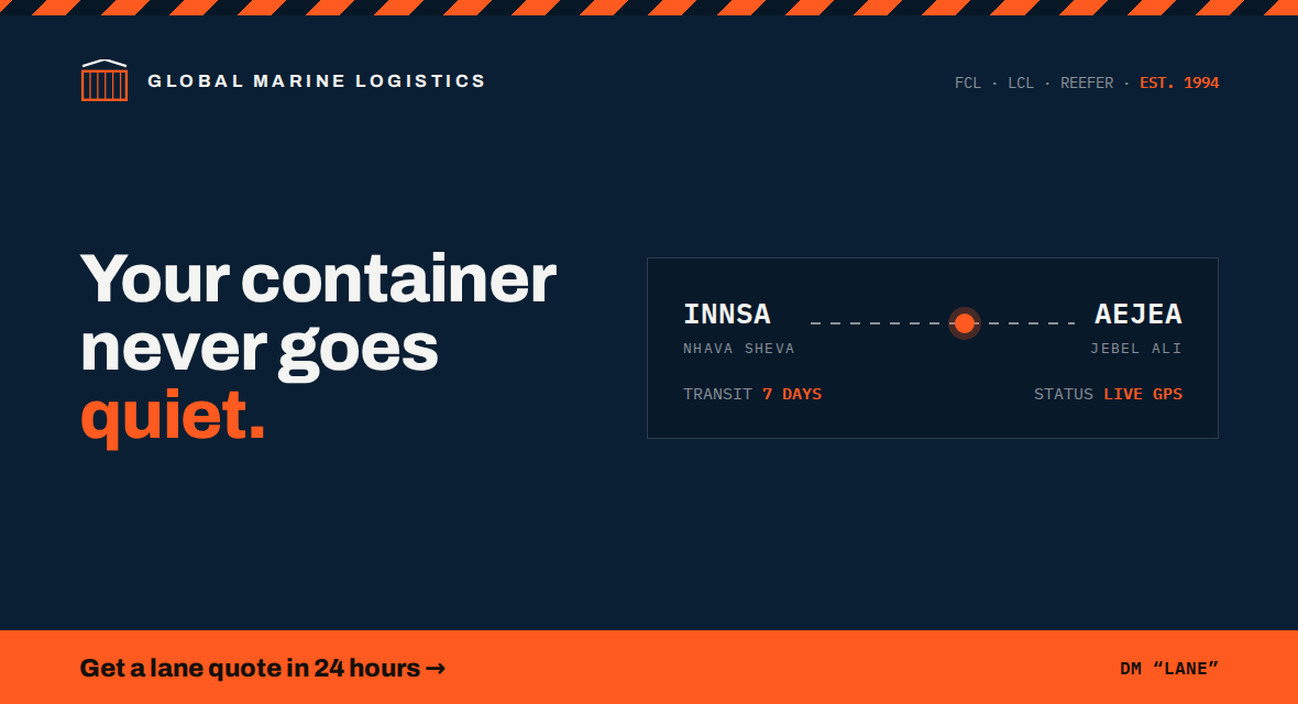 Ad poster: a marine cargo campaign with a live-tracked lane.