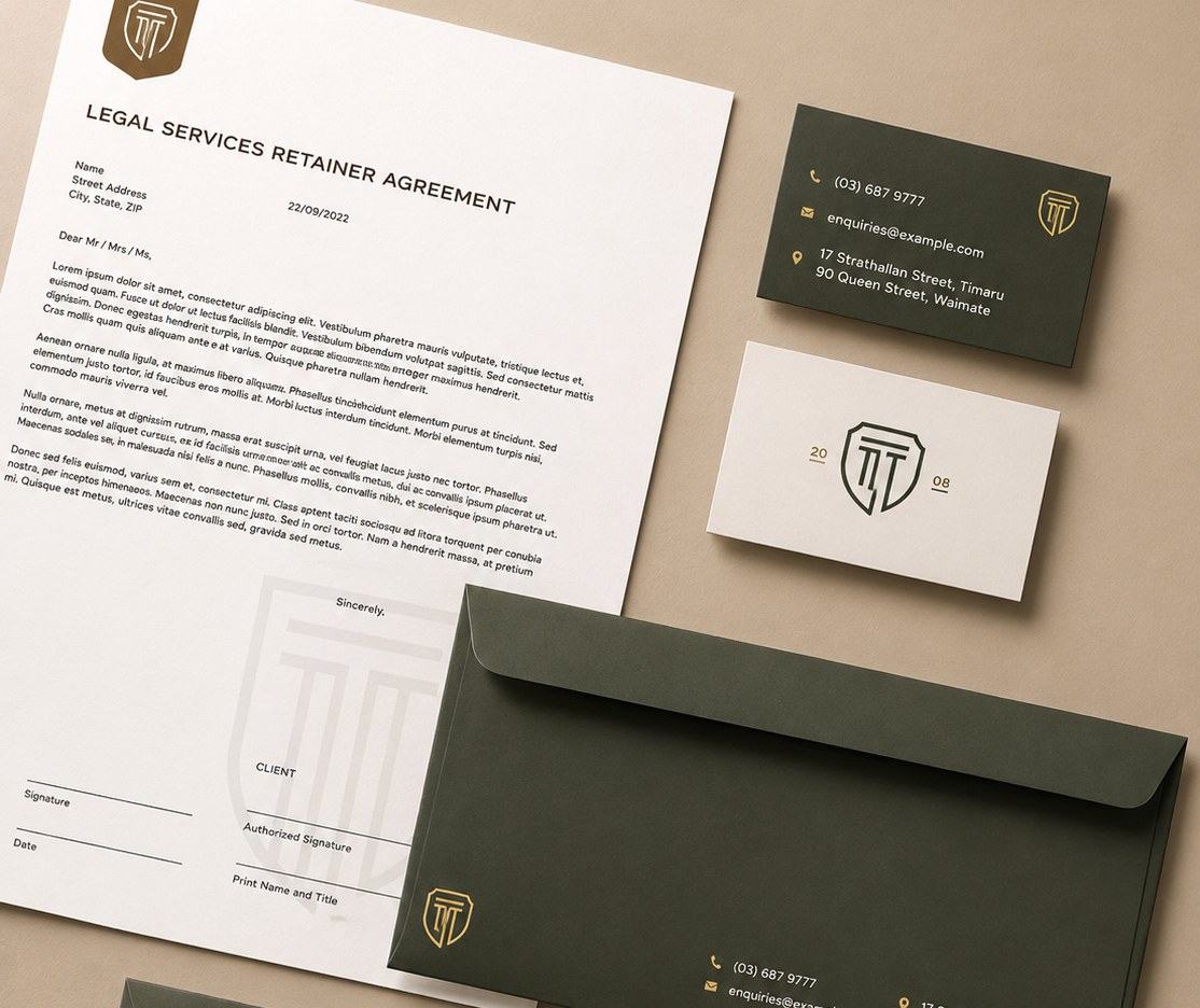 A law firm stationery flat-lay: a retainer agreement, business cards and two envelopes in olive and gold, with a wax seal and brass stamp.