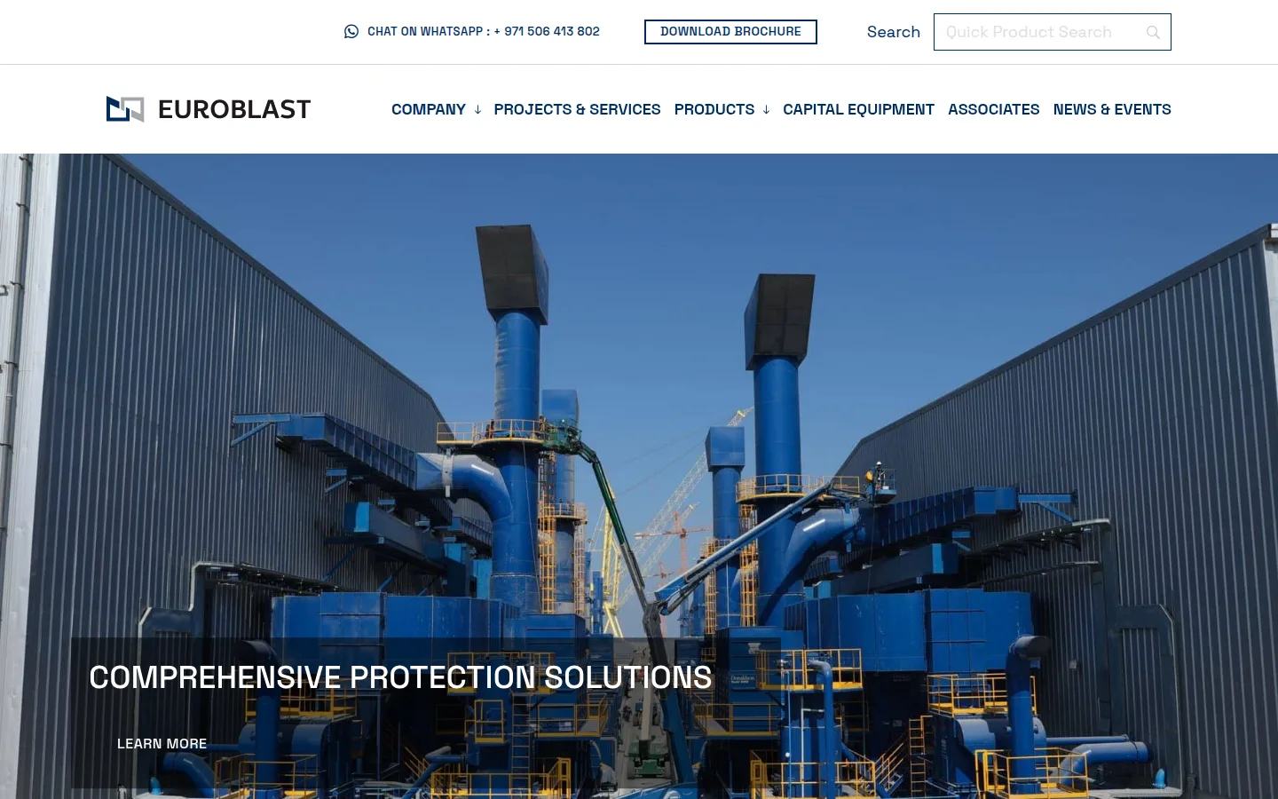 Euroblast homepage with blast-room extraction towers, WhatsApp line and product search in the header
