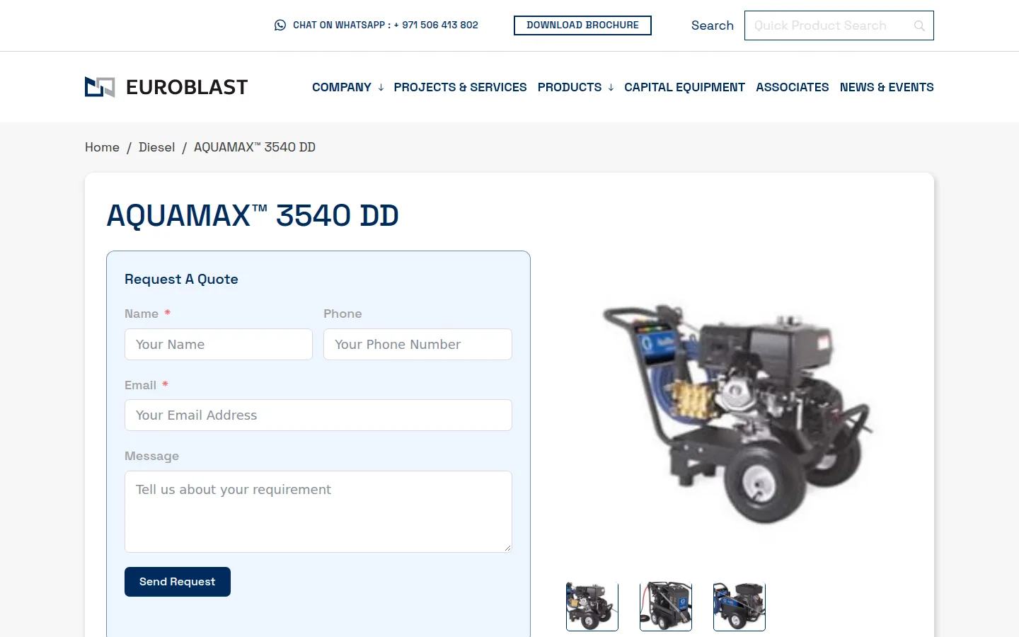 AQUAMAX 3540 DD product page with a quote request form beside the machine gallery