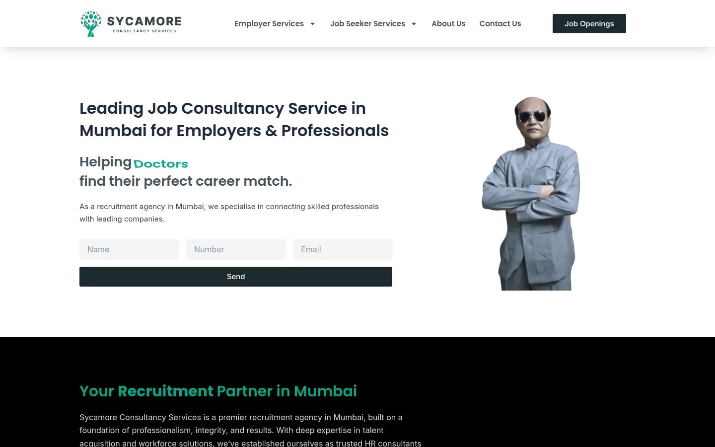 Sycamore Consultancy homepage with separate employer and job seeker menus and a three-field enquiry form