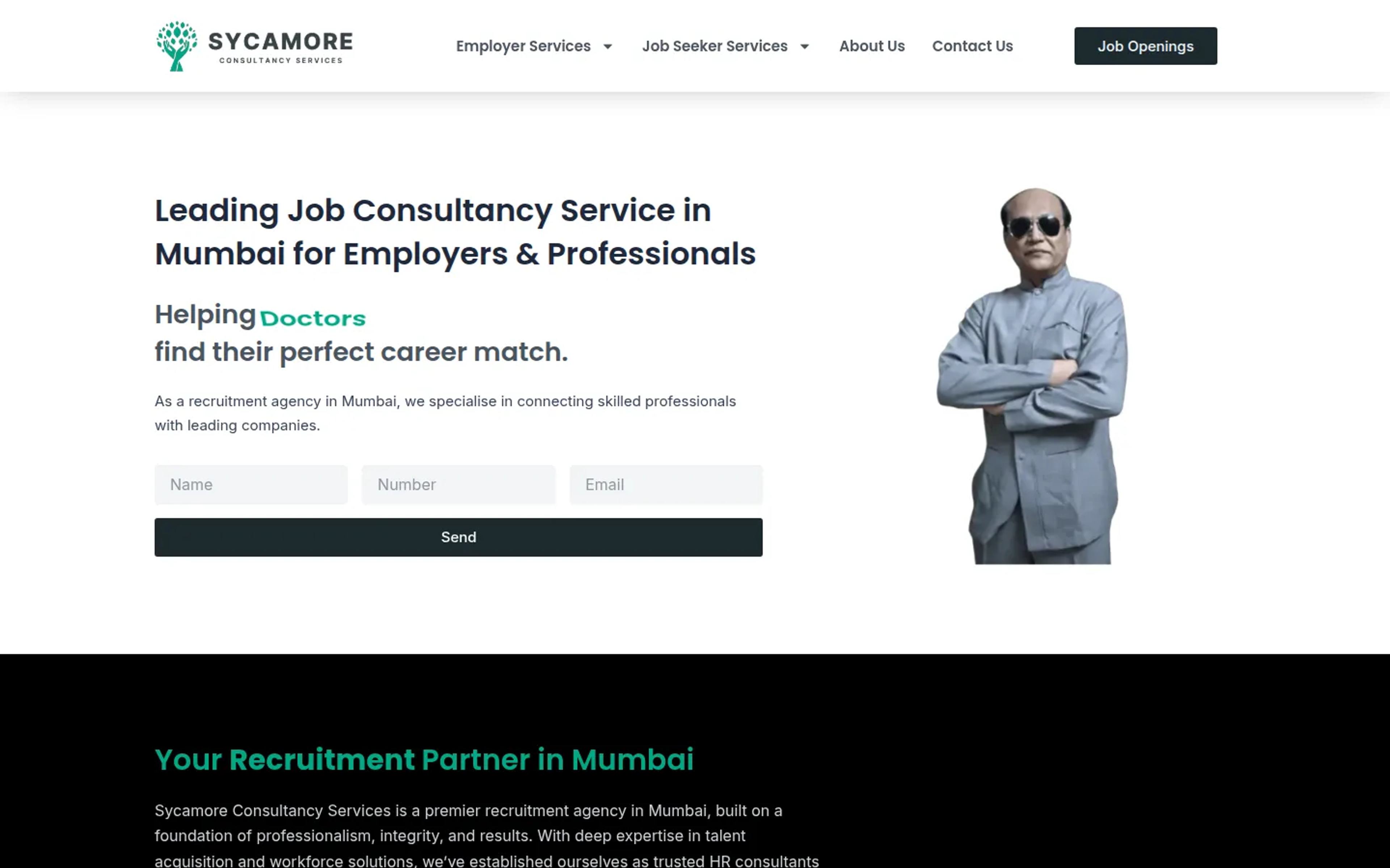 Sycamore Consultancy homepage with separate employer and job seeker menus and a three-field enquiry form