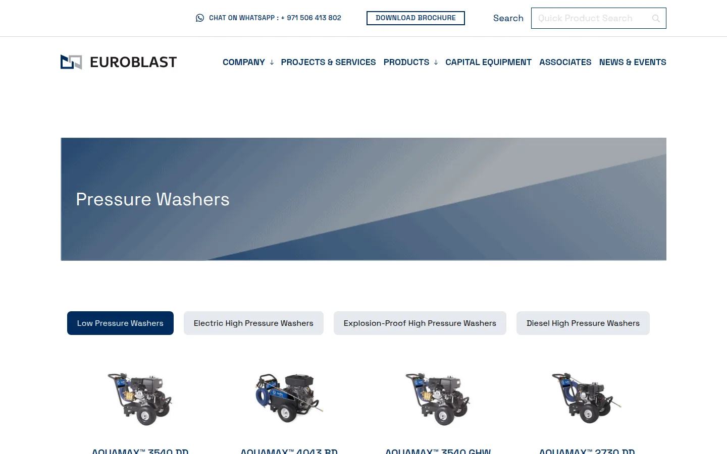 Euroblast pressure washer range page with tabs for low-pressure, electric, explosion-proof and diesel models