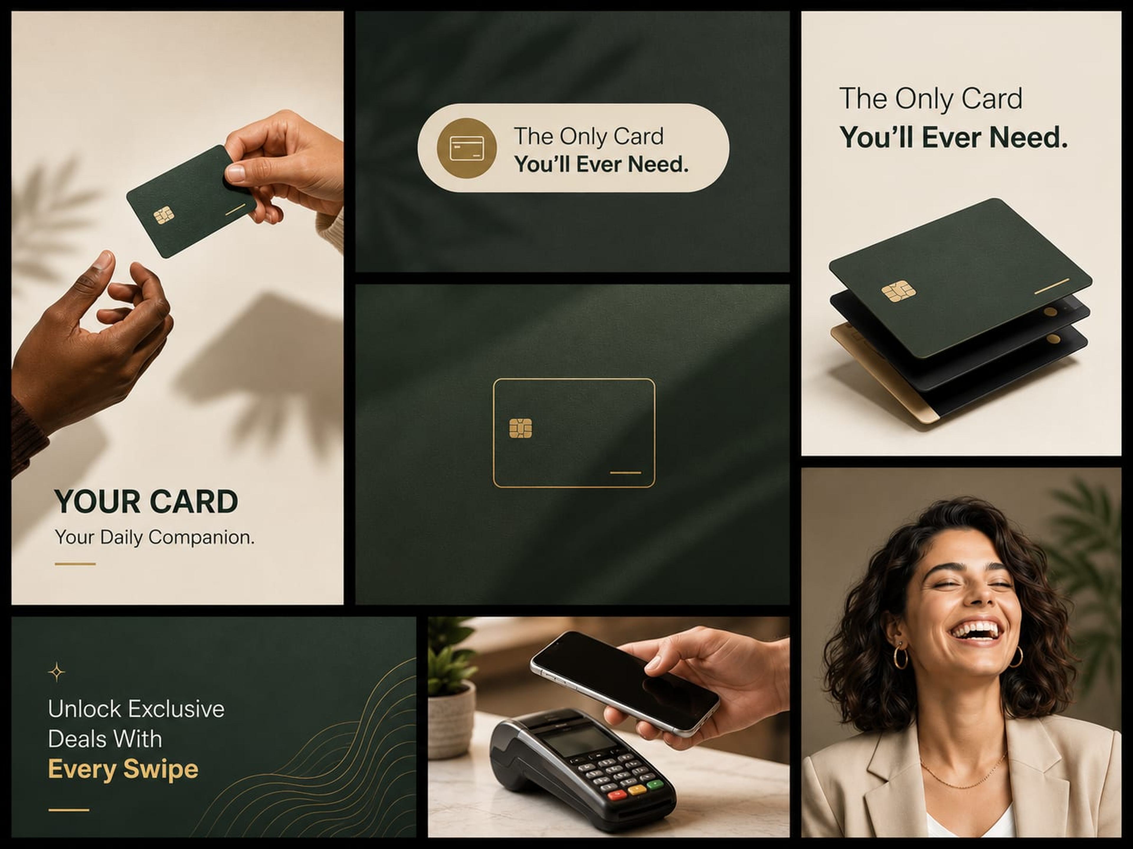 A social brand kit for a payments card in forest green and gold: card visuals, tap-to-pay and card-handover shots, and a lifestyle portrait arranged as a tiled board.