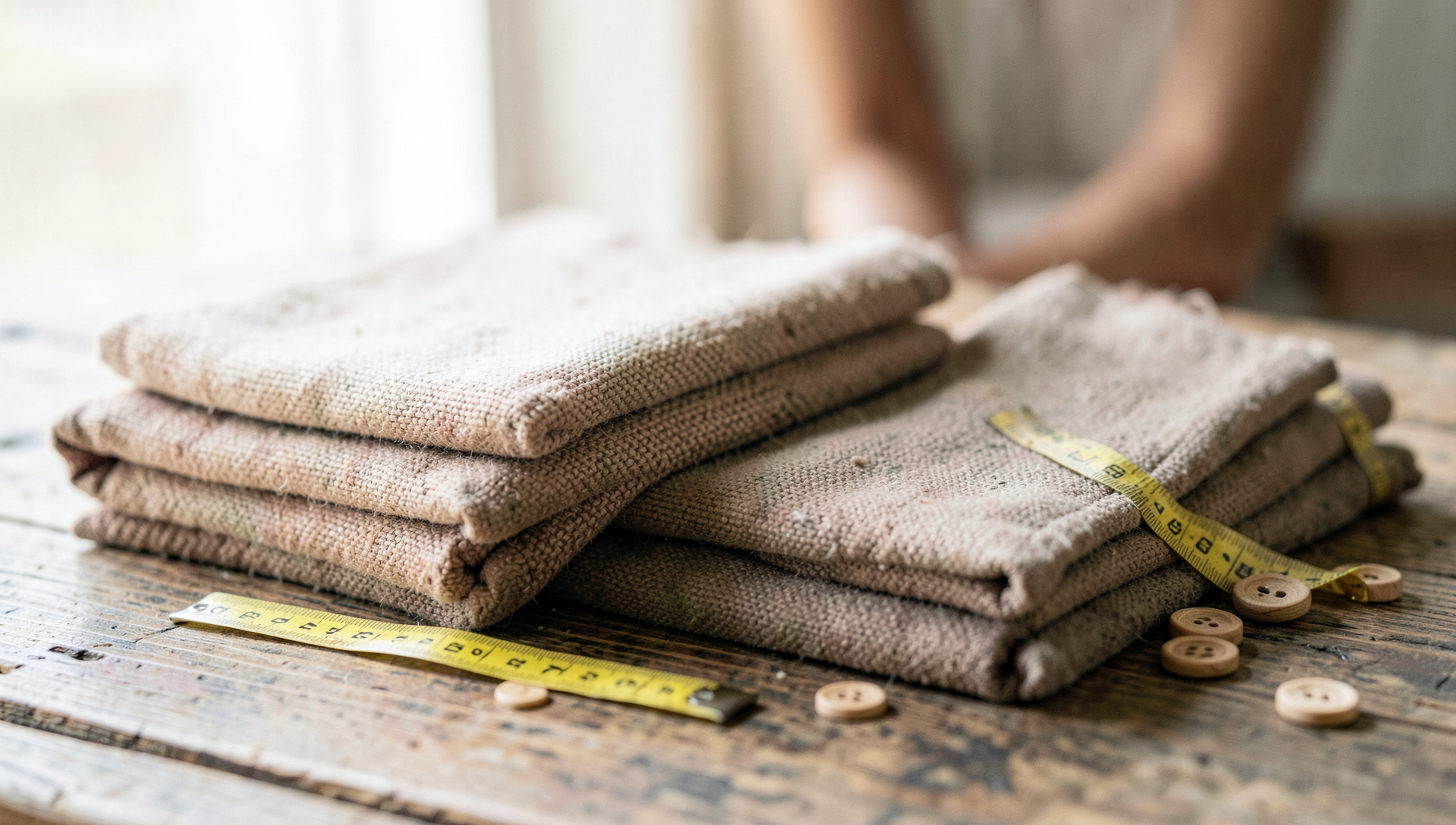 Folded natural-fibre apparel still life — Surat textile & saree house, Surat · Webzenia SEO case study