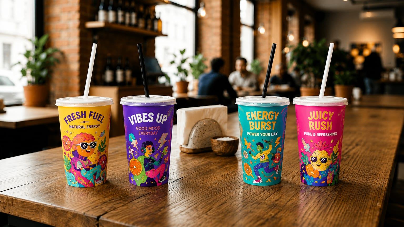 Four brightly illustrated takeaway cups with straws lined up on a wooden cafe table, each carrying a bold character illustration in a different colour.
