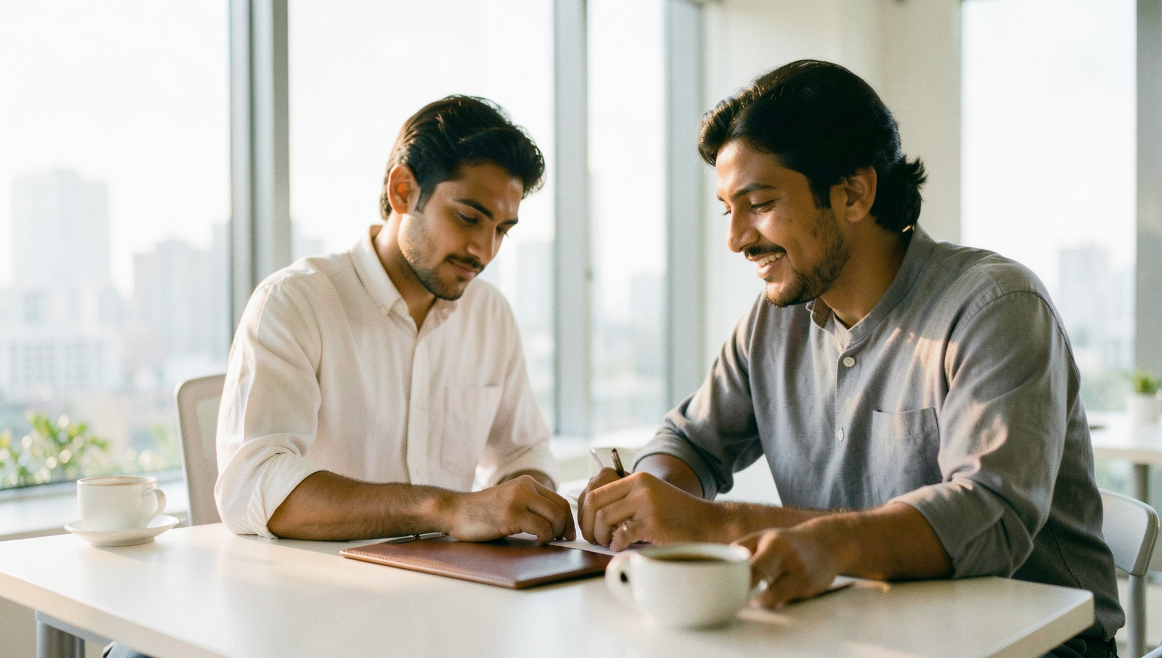 Modern office desk with an open laptop and notebook — Cyber City fintech, Gurgaon · Webzenia SEO case study