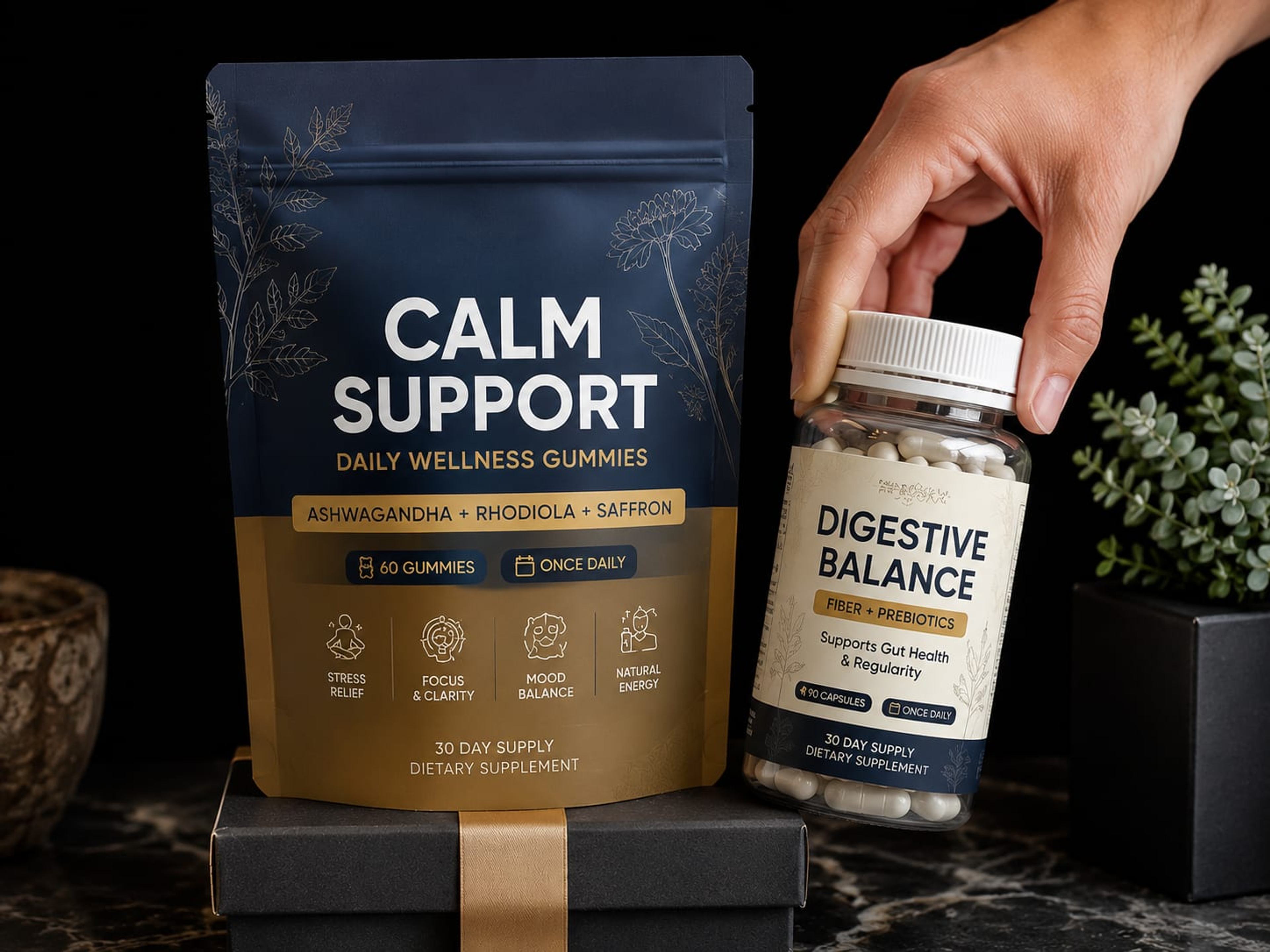 Two supplement packages on a dark marble surface: a navy and gold stand-up gummies pouch beside a capsule bottle held in hand, with a small potted plant behind.