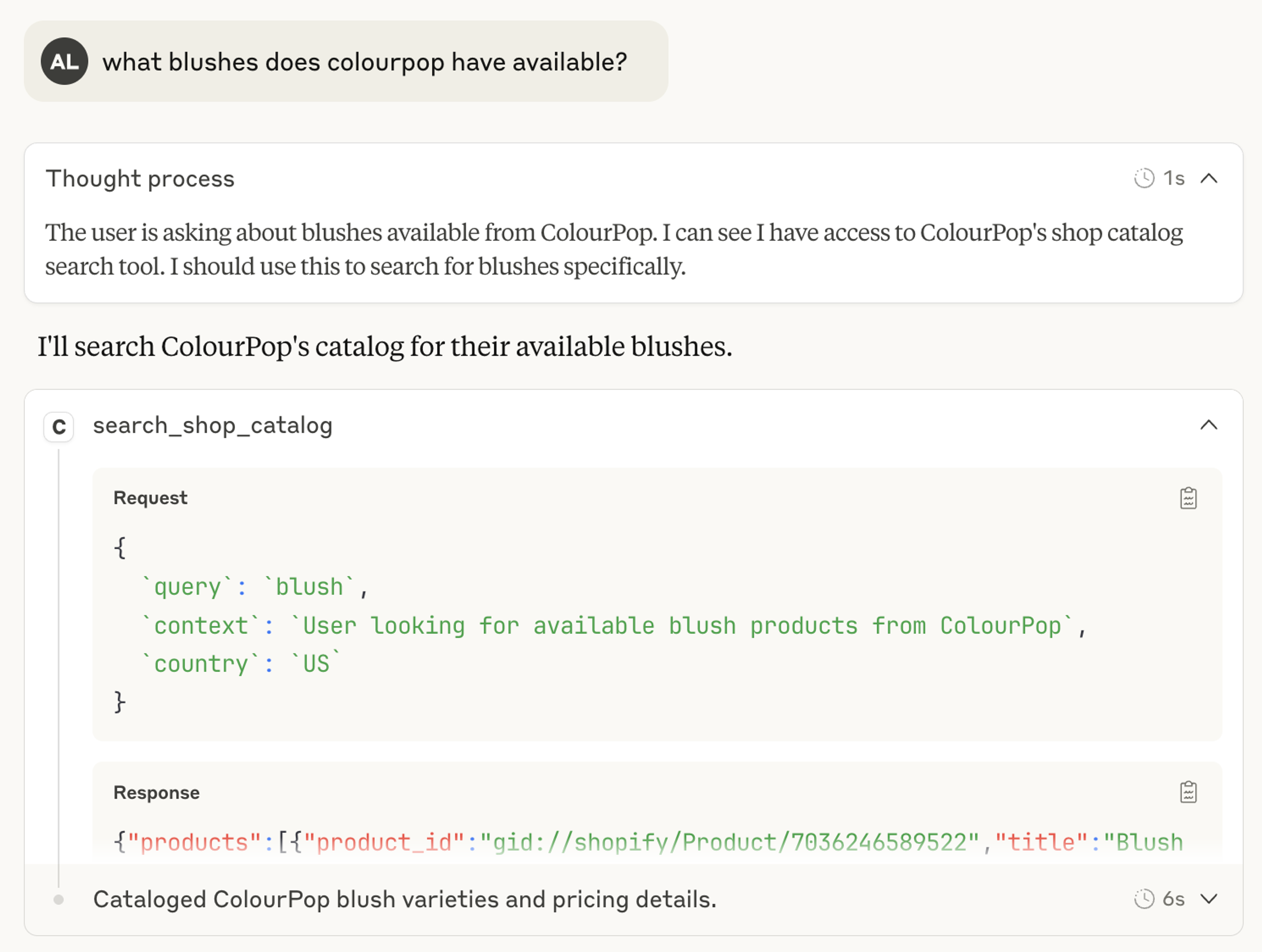 Screenshot of first MCP query