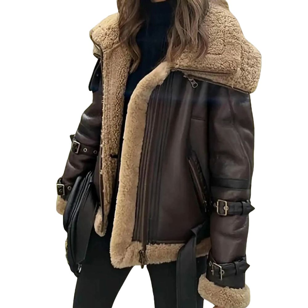 women's shearling-lined leather coat in brown and tan, front view, manufactured by Abeeha Leather Industry