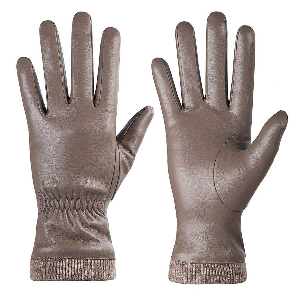 women's leather gloves in taupe with a ribbed knit cuff, front view, manufactured by Abeeha Leather Industry