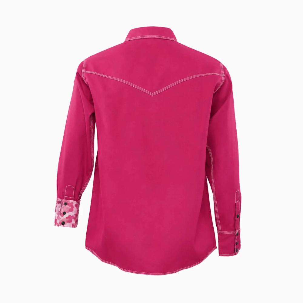 women's FR shirt in pink with a camo-print contrast lining, additional view 2, manufactured by Abeeha Leather Industry