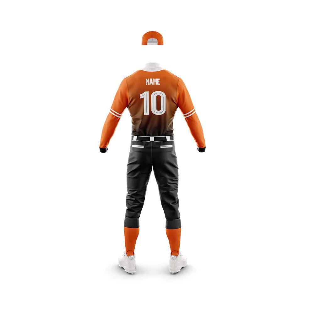sublimated baseball uniform in orange and black, additional view 2, manufactured by Abeeha Leather Industry