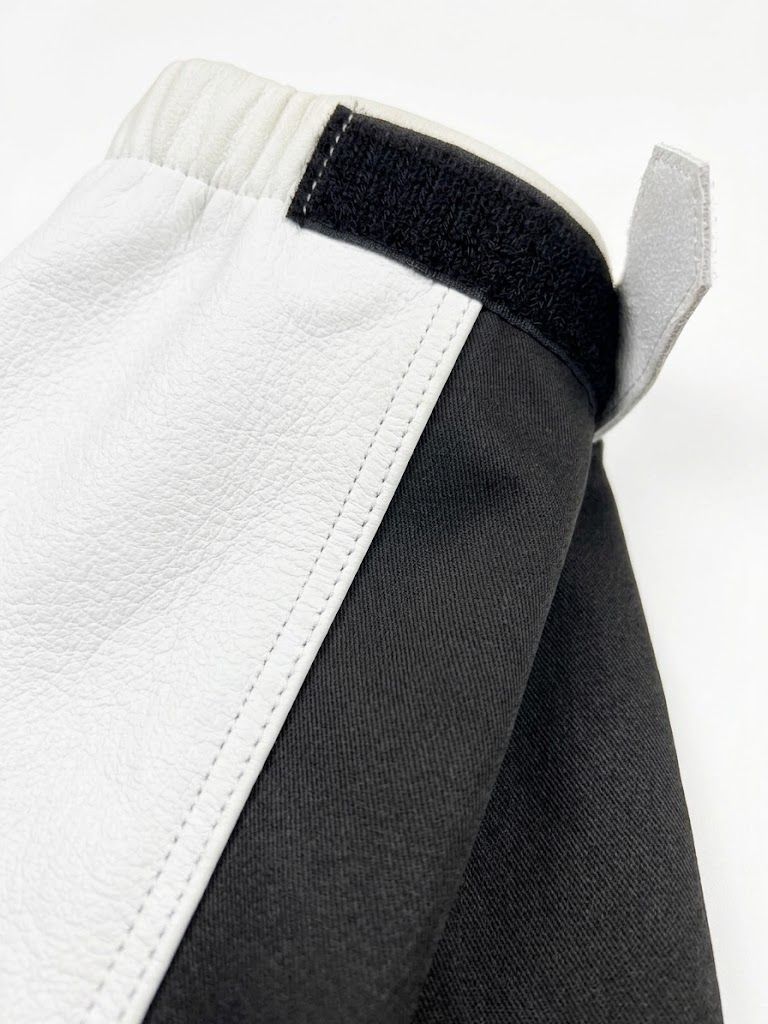 leather arm sleeves in white leather with a black elastic cuff, additional view 3, manufactured by Abeeha Leather Industry