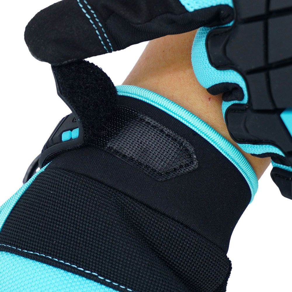 impact mechanic gloves in light blue and black synthetic with segmented knuckle pads, additional view 5, manufactured by Abeeha Leather Industry