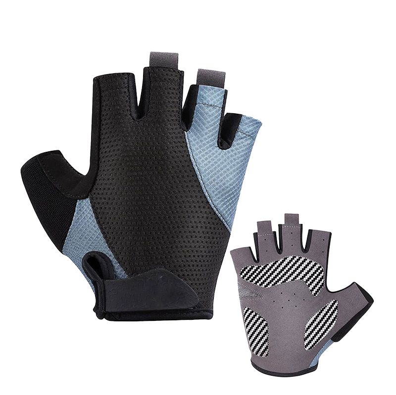 cycling gloves in black and blue-grey mesh, front view, manufactured by Abeeha Leather Industry