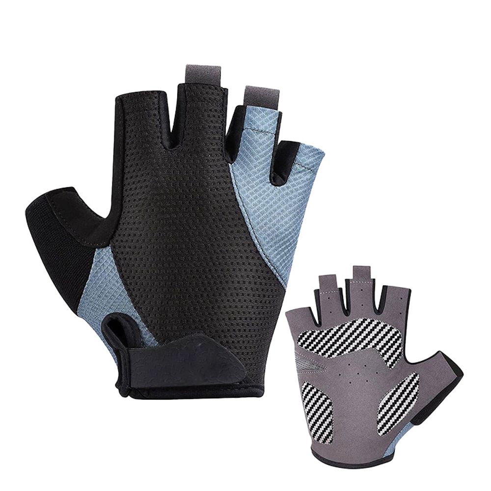 cycling gloves in black and blue-grey mesh, front view, manufactured by Abeeha Leather Industry