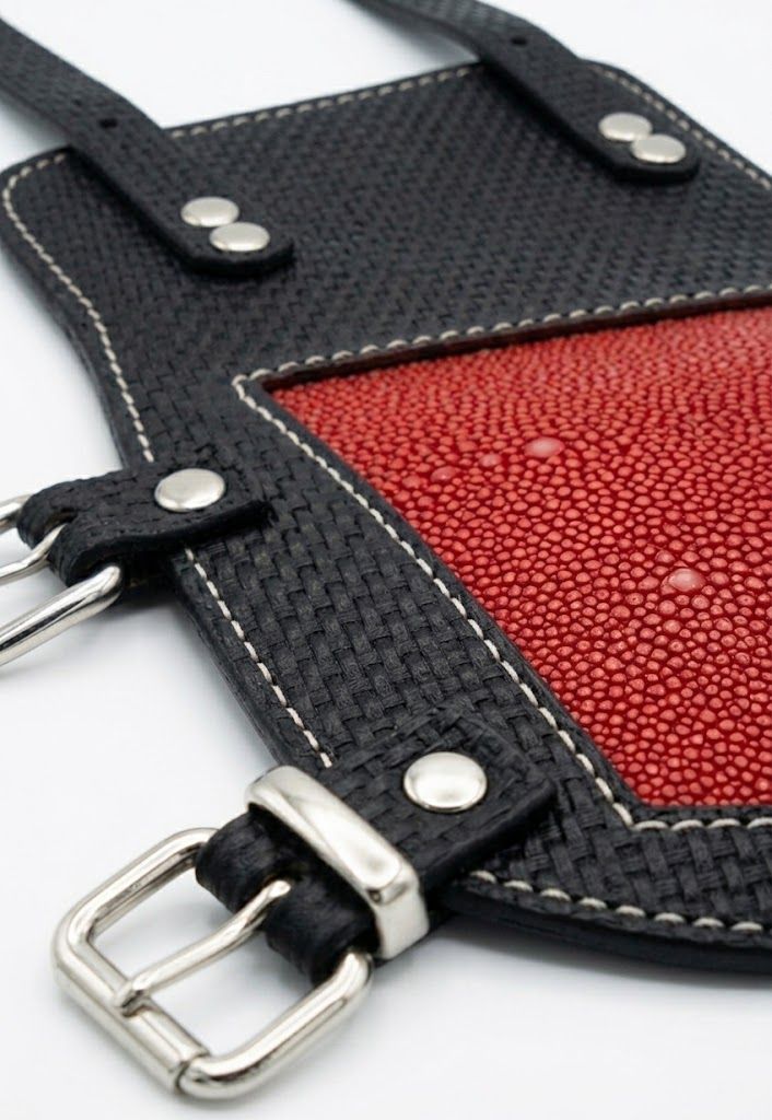 forearm guard in black with a red leather panel, additional view 2, manufactured by Abeeha Leather Industry
