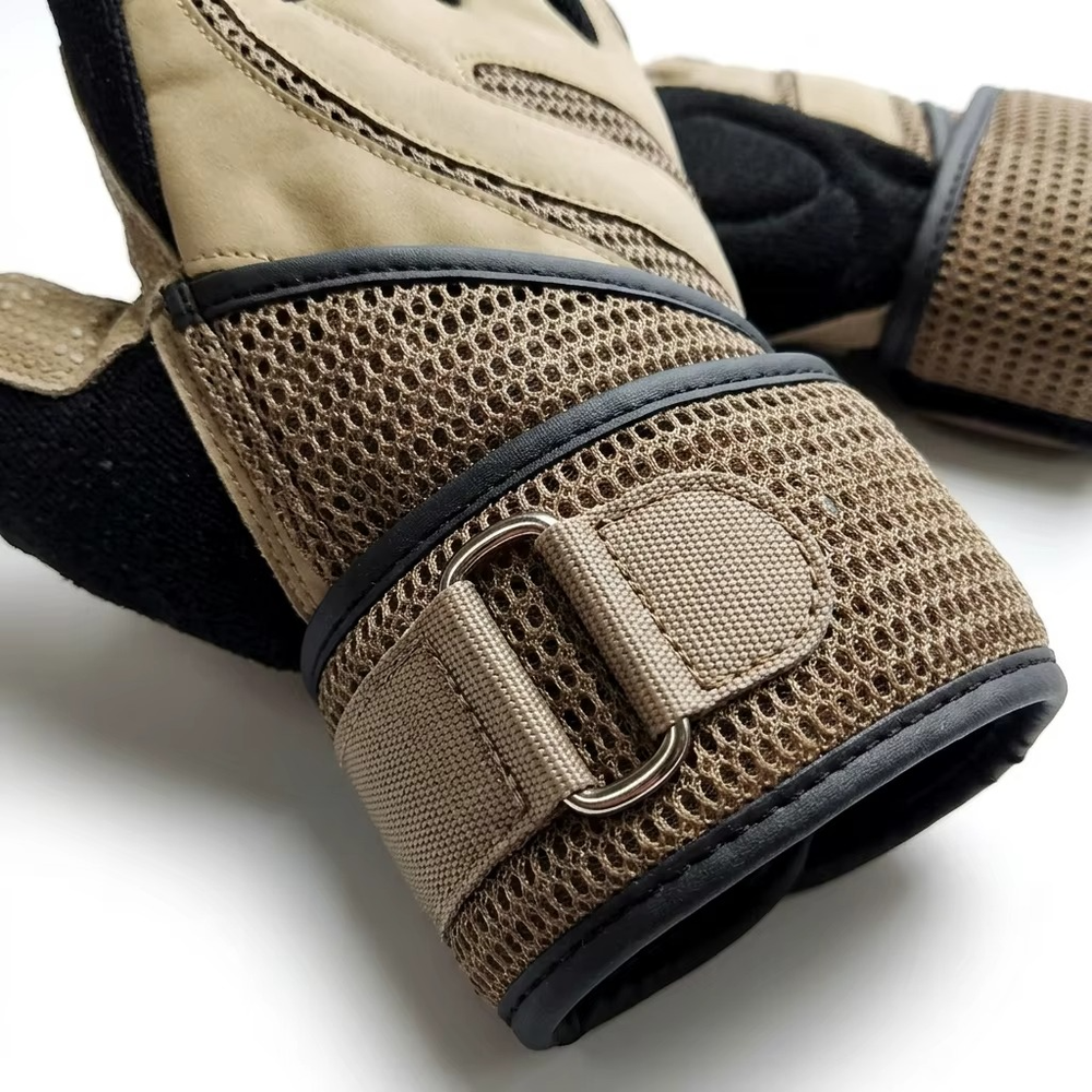cycling gloves in tan mesh with a D-ring wrist wrap, additional view 4, manufactured by Abeeha Leather Industry