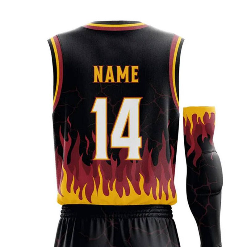 basketball uniform in black with a red flame graphic, additional view 4, manufactured by Abeeha Leather Industry