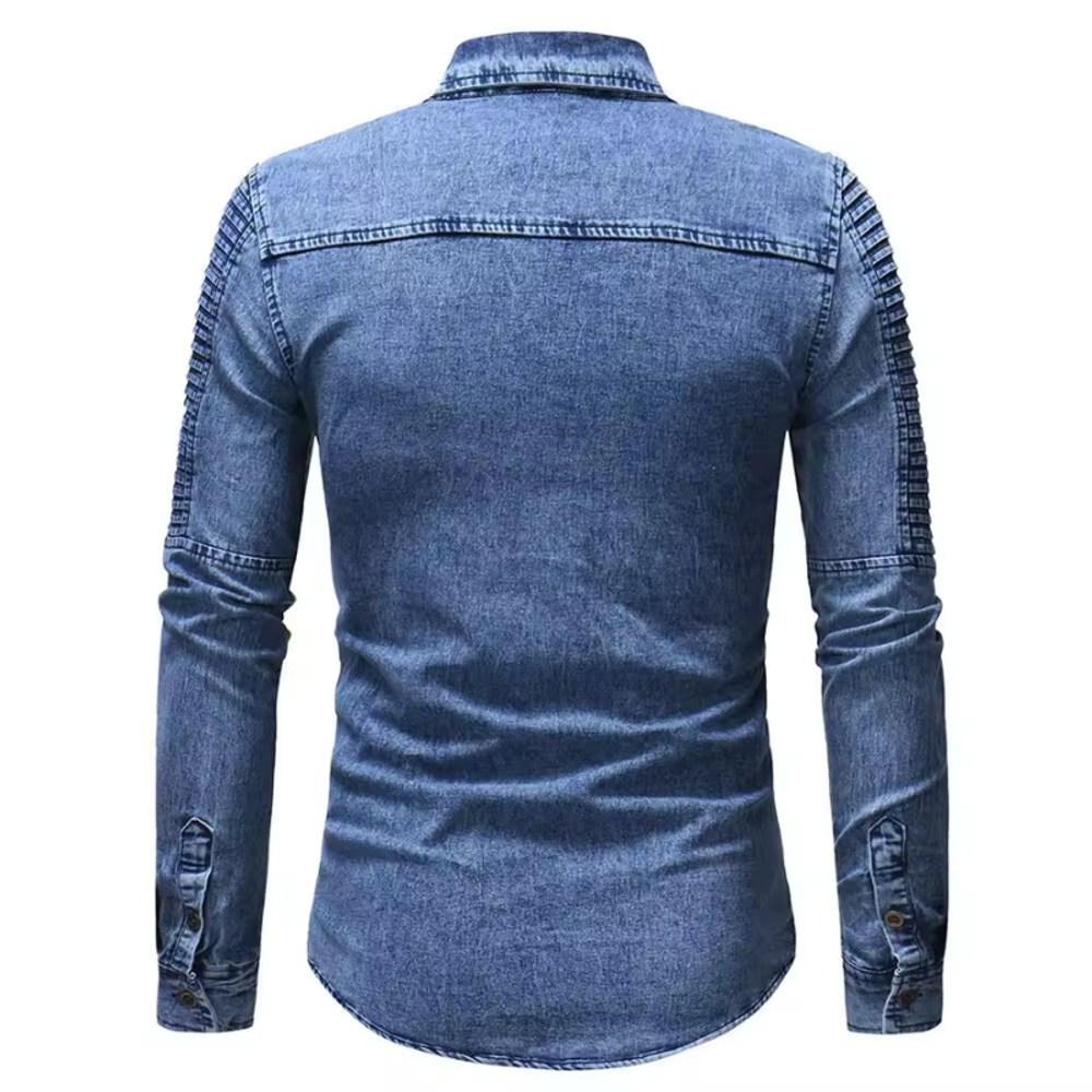 denim work shirt in mid wash with pintuck shoulder panels, additional view 2, manufactured by Abeeha Leather Industry