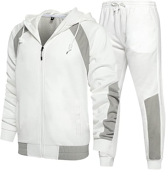 two-piece hooded tracksuit in white and grey, front view, manufactured by Abeeha Leather Industry
