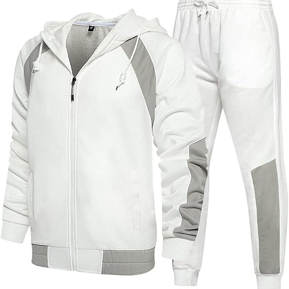 two-piece hooded tracksuit in white and grey, front view, manufactured by Abeeha Leather Industry