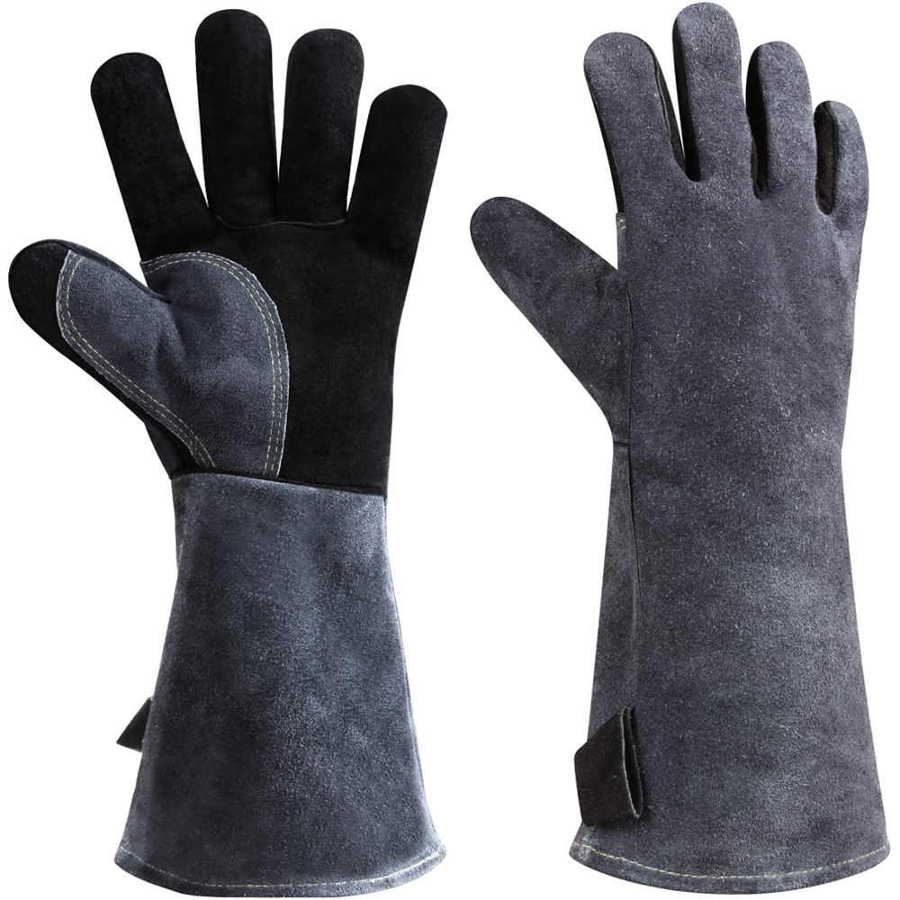 stick welding gauntlet gloves in charcoal split leather with a black palm, front view, manufactured by Abeeha Leather Industry