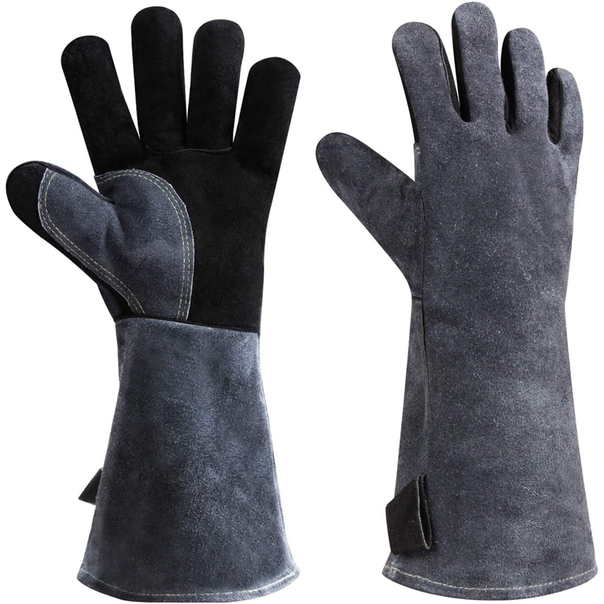 stick welding gauntlet gloves in charcoal split leather with a black palm, front view, manufactured by Abeeha Leather Industry