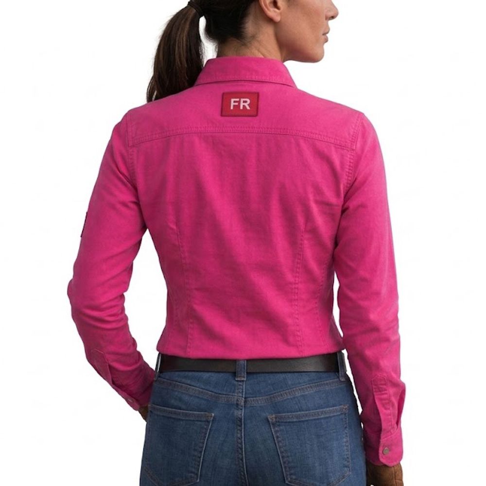 women's FR shirt in pink with a camo-print contrast lining, additional view 2, manufactured by Abeeha Leather Industry
