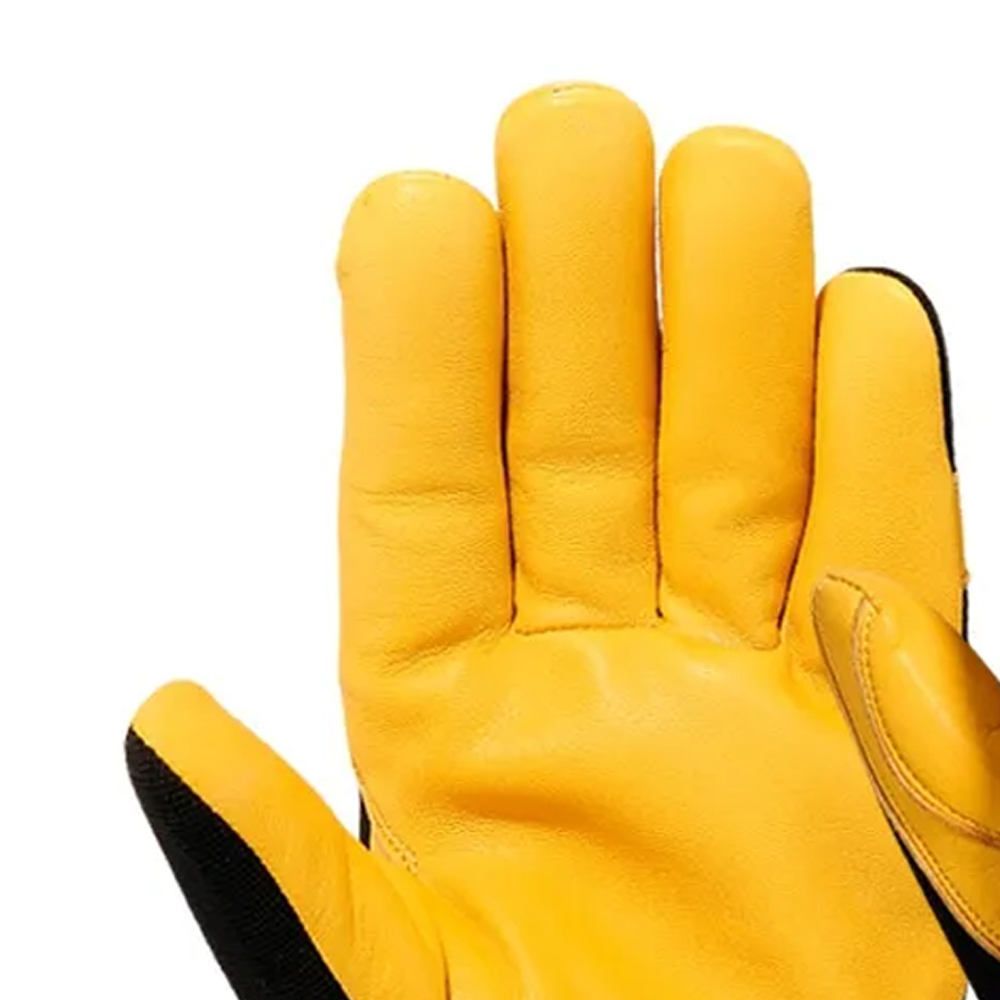 mechanic gloves in yellow leather-look with a black TPR knuckle guard, additional view 3, manufactured by Abeeha Leather Industry