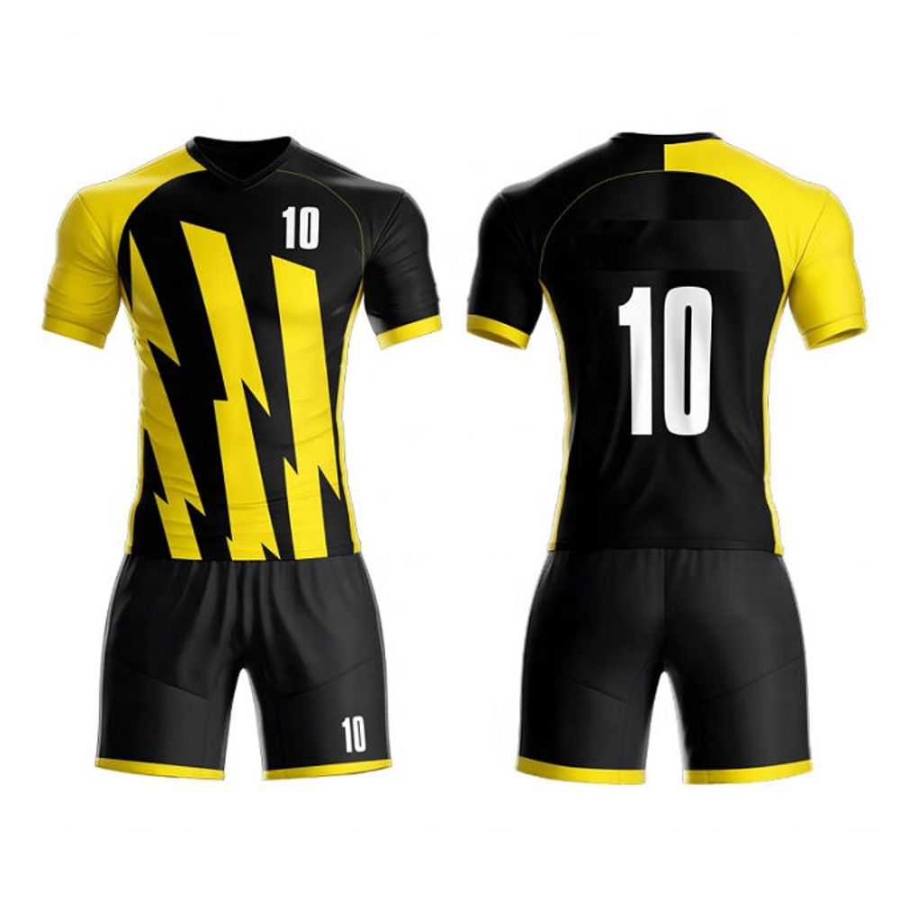 sublimated football kit in black and yellow lightning bolt, front view, manufactured by Abeeha Leather Industry