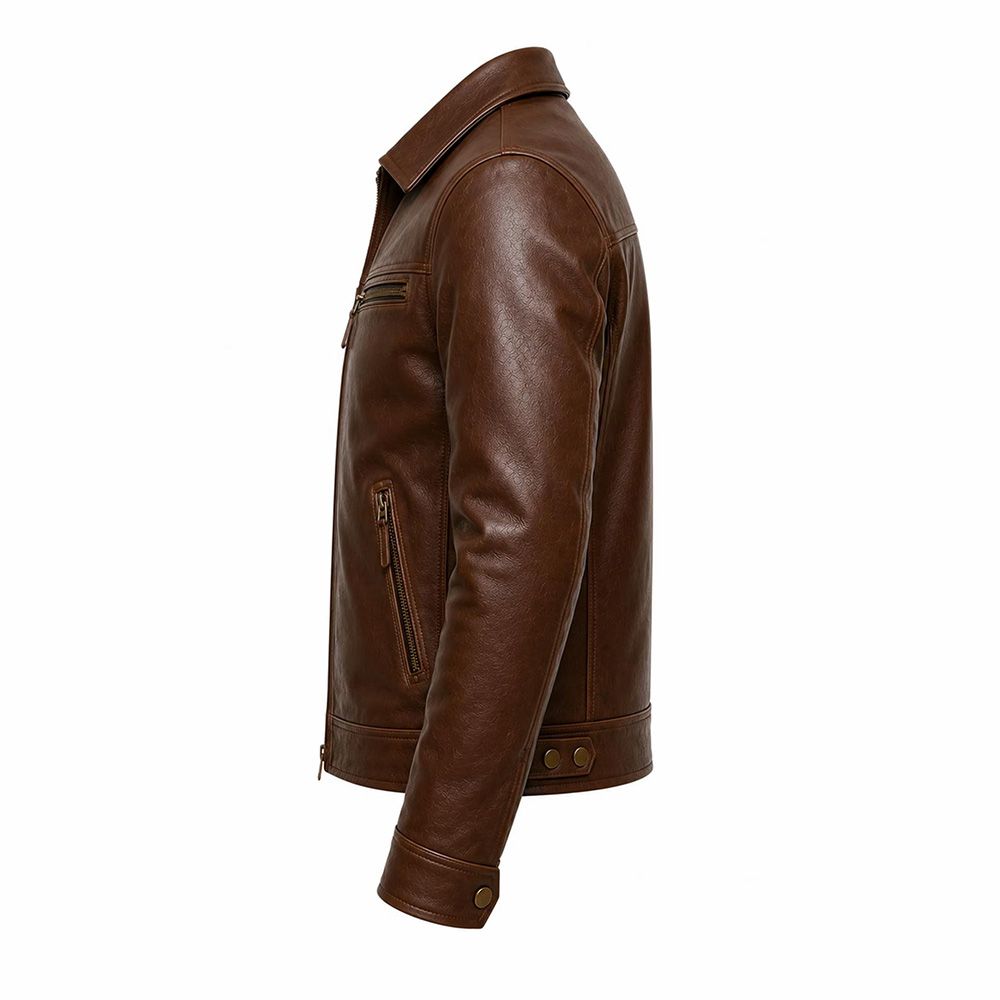 men's leather jacket in brown with zip pockets, additional view 5, manufactured by Abeeha Leather Industry