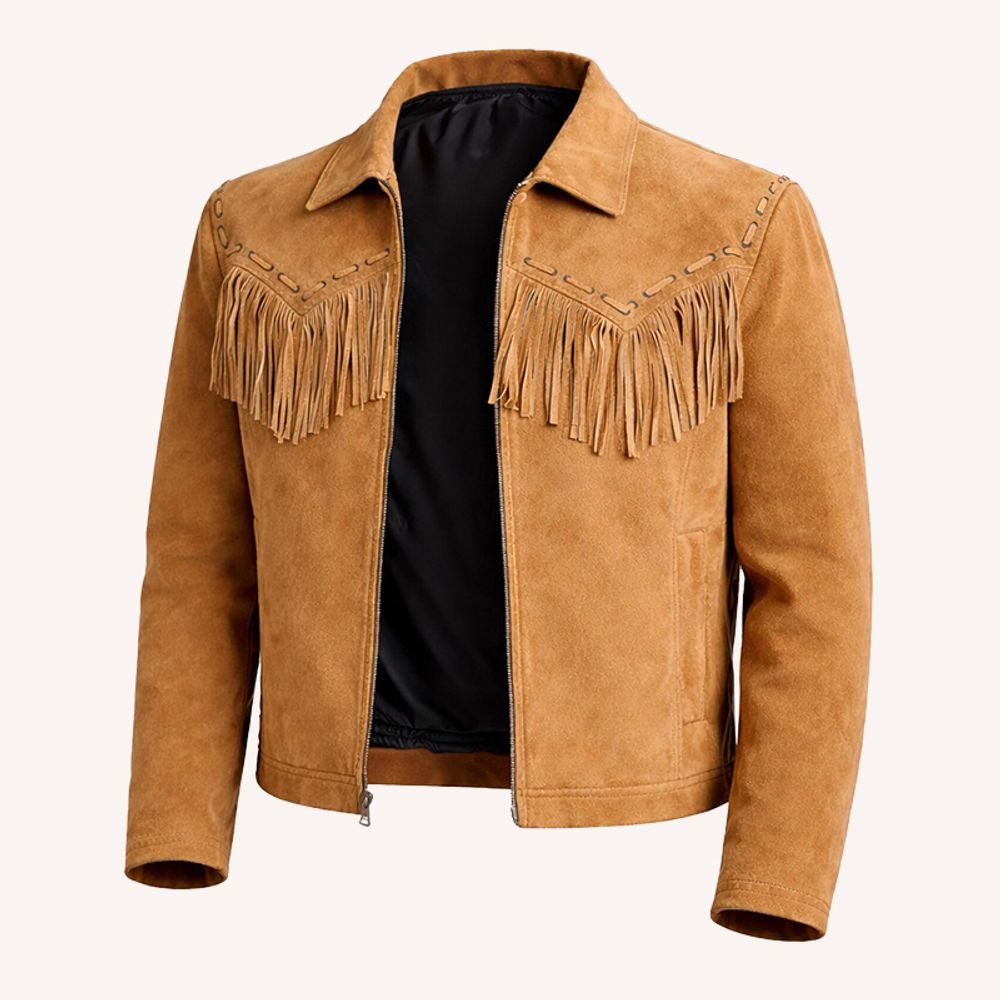 men's suede fringe jacket in tan, additional view 3, manufactured by Abeeha Leather Industry