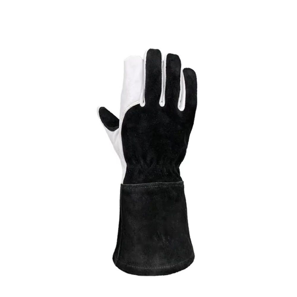 MIG welding gloves in black split leather with a white grain leather palm, additional view 5, manufactured by Abeeha Leather Industry