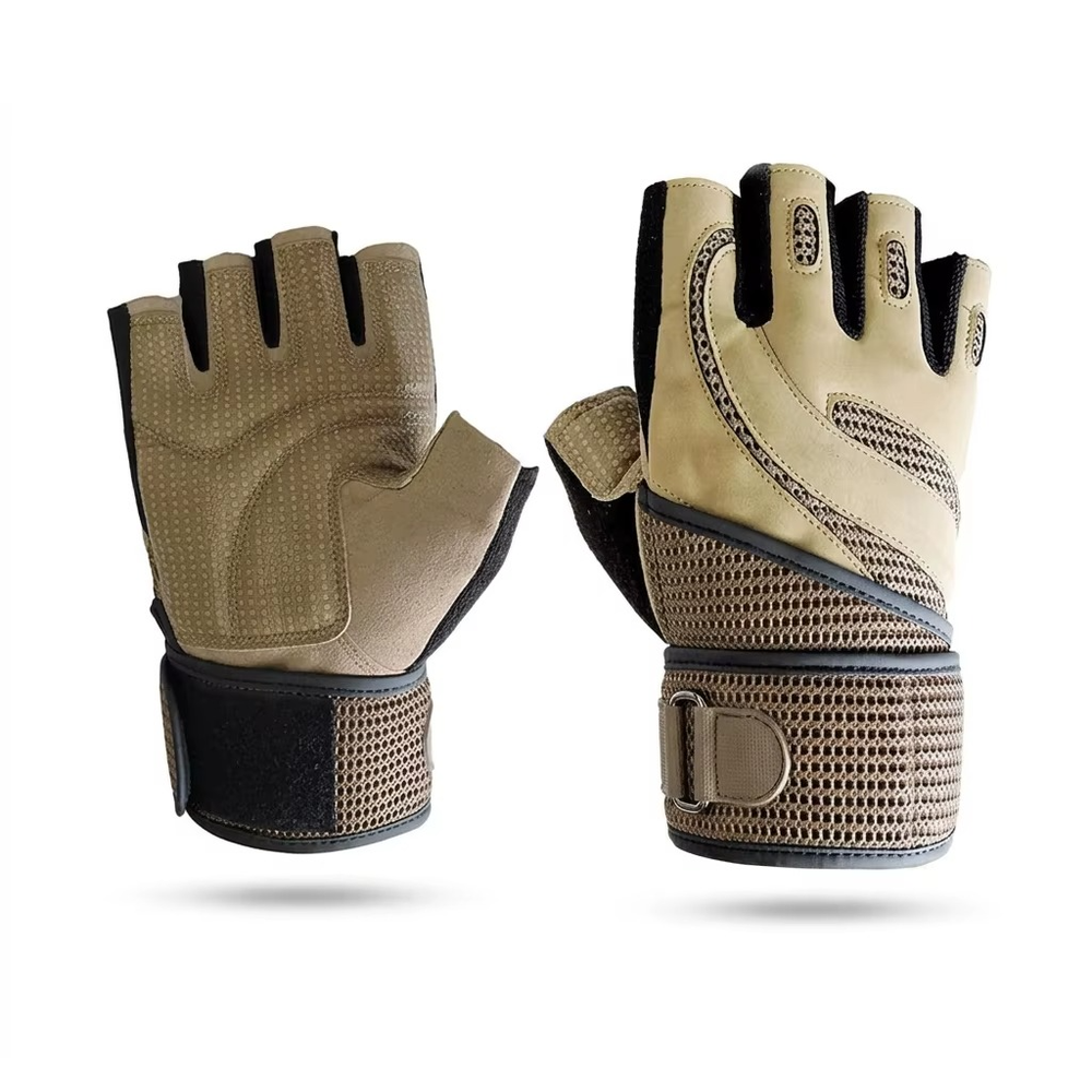 cycling gloves in tan mesh with a D-ring wrist wrap, front view, manufactured by Abeeha Leather Industry