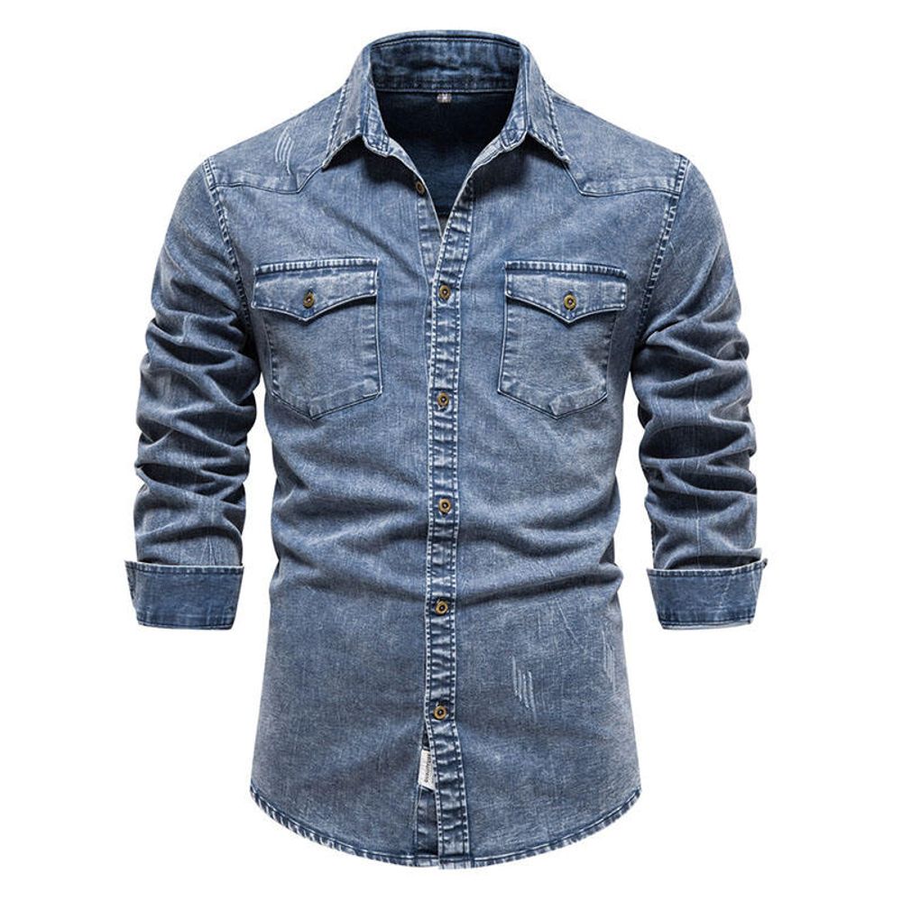 denim work shirt in light wash, front view, manufactured by Abeeha Leather Industry
