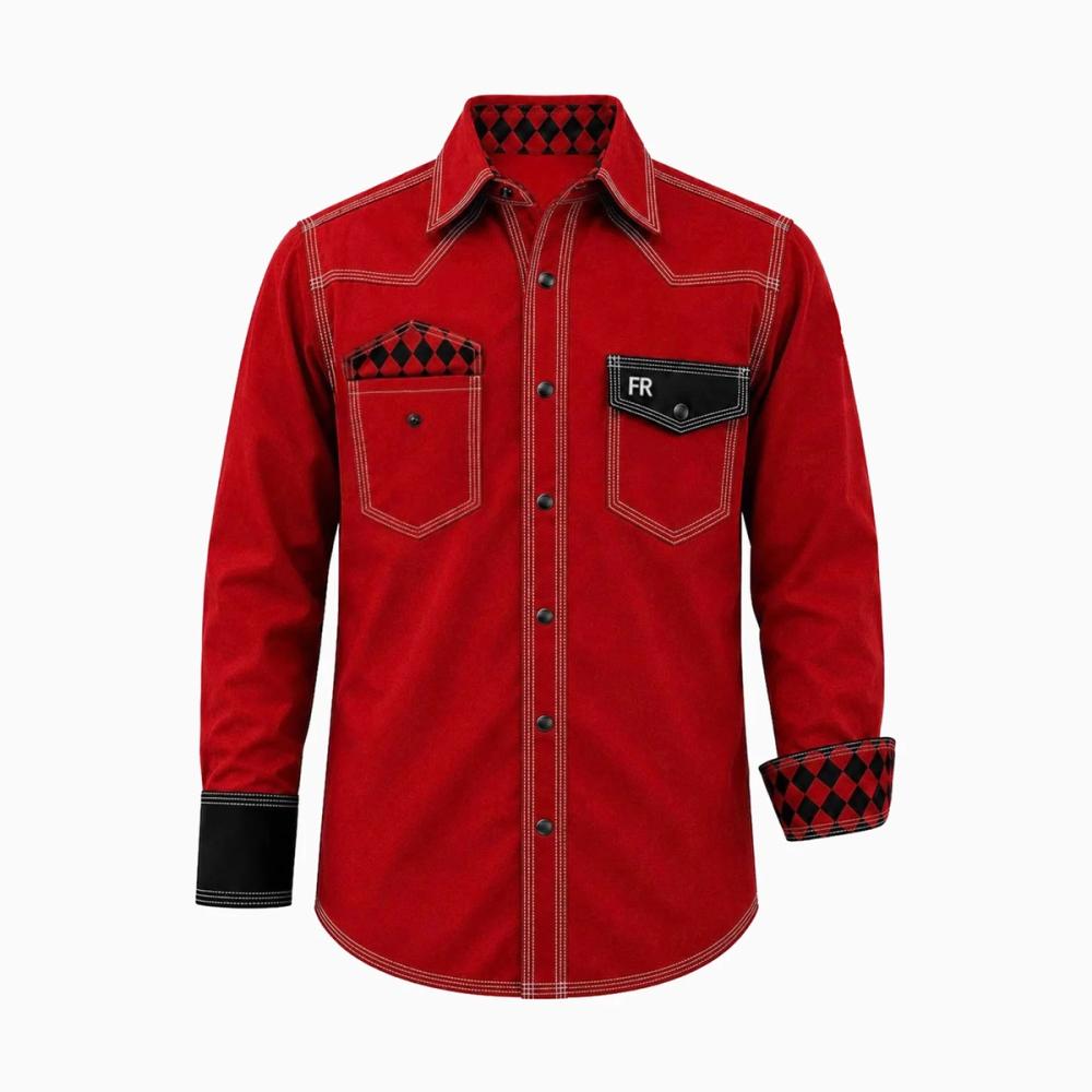 men's FR shirt in red with a diamond-print contrast lining, front view, manufactured by Abeeha Leather Industry