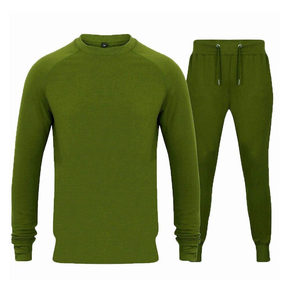 men's crew-neck sweatshirt and jogger set in olive, front view, manufactured by Abeeha Leather Industry