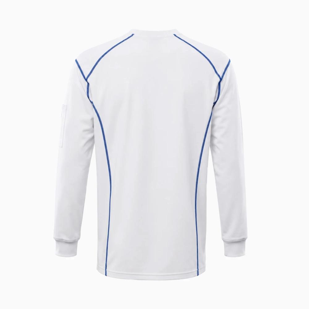 long-sleeve FR tee in white with blue contrast trim, additional view 2, manufactured by Abeeha Leather Industry