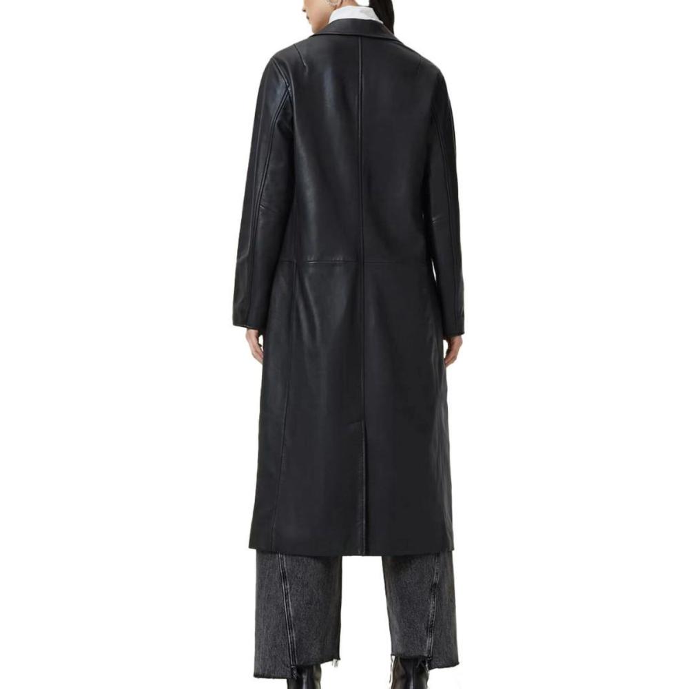 women's leather long coat in black, additional view 2, manufactured by Abeeha Leather Industry
