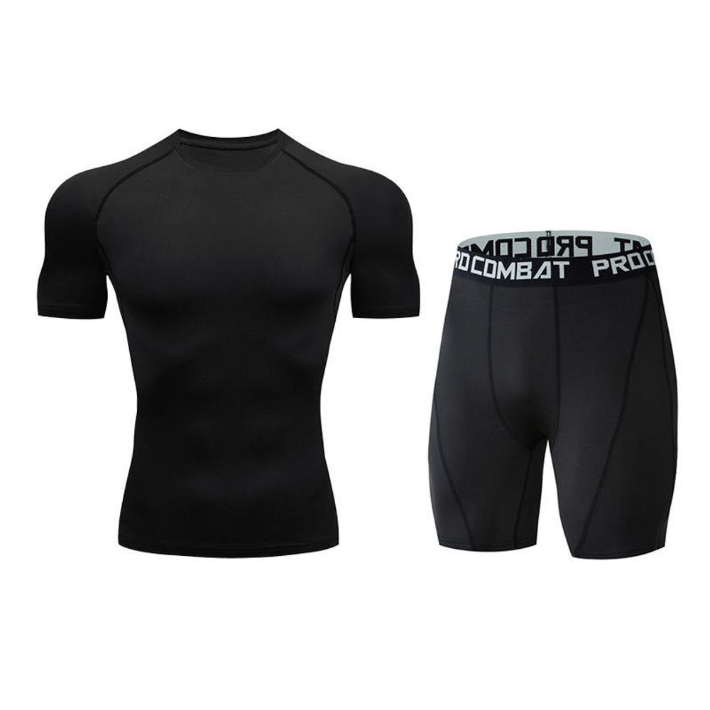 men's compression tee and shorts set in black, front view, manufactured by Abeeha Leather Industry