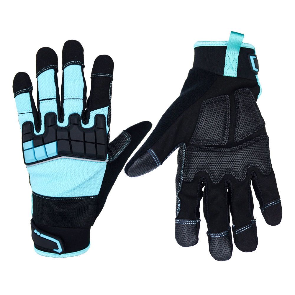 impact mechanic gloves in light blue and black synthetic with segmented knuckle pads, front view, manufactured by Abeeha Leather Industry