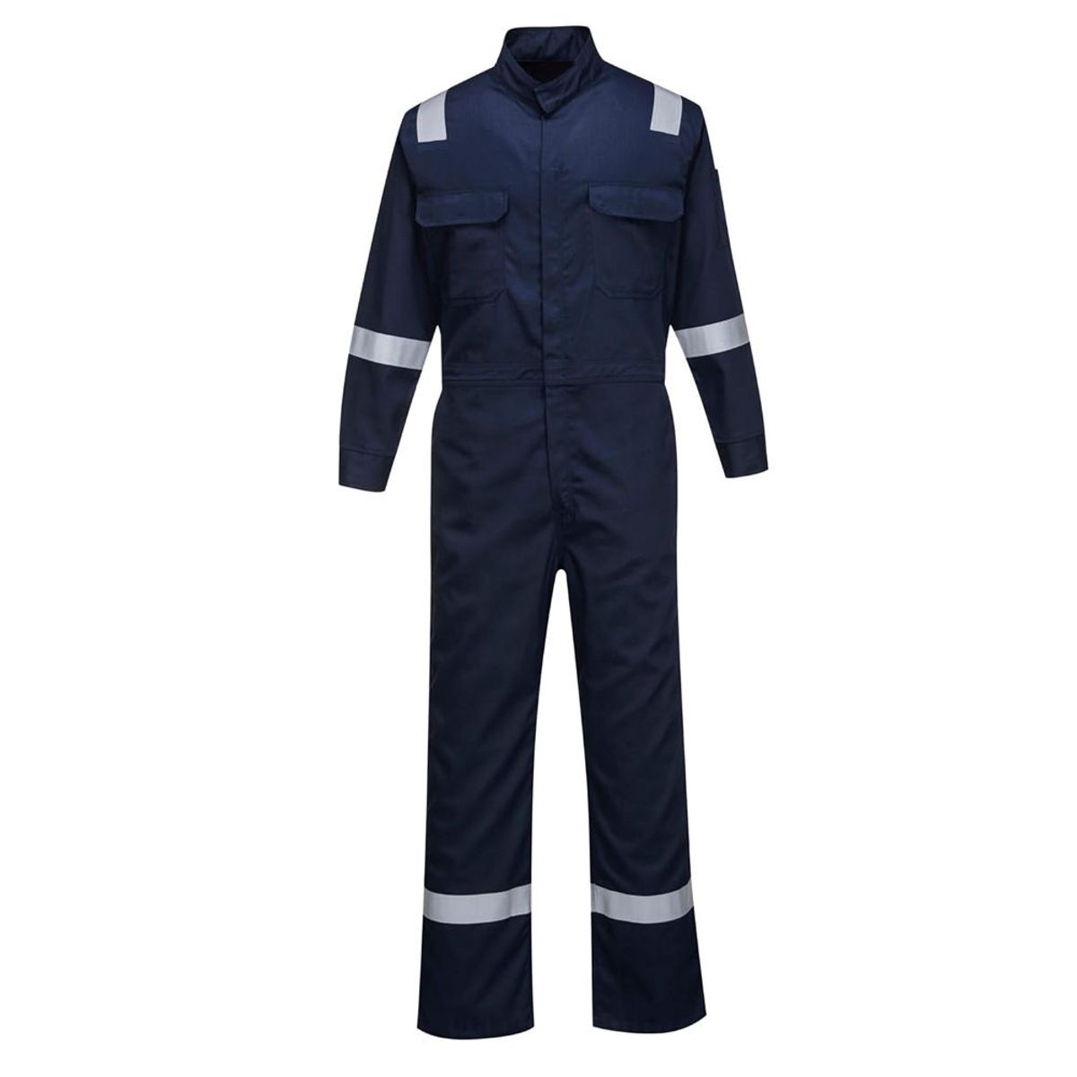 FR coverall in navy with reflective tape, front view, manufactured by Abeeha Leather Industry