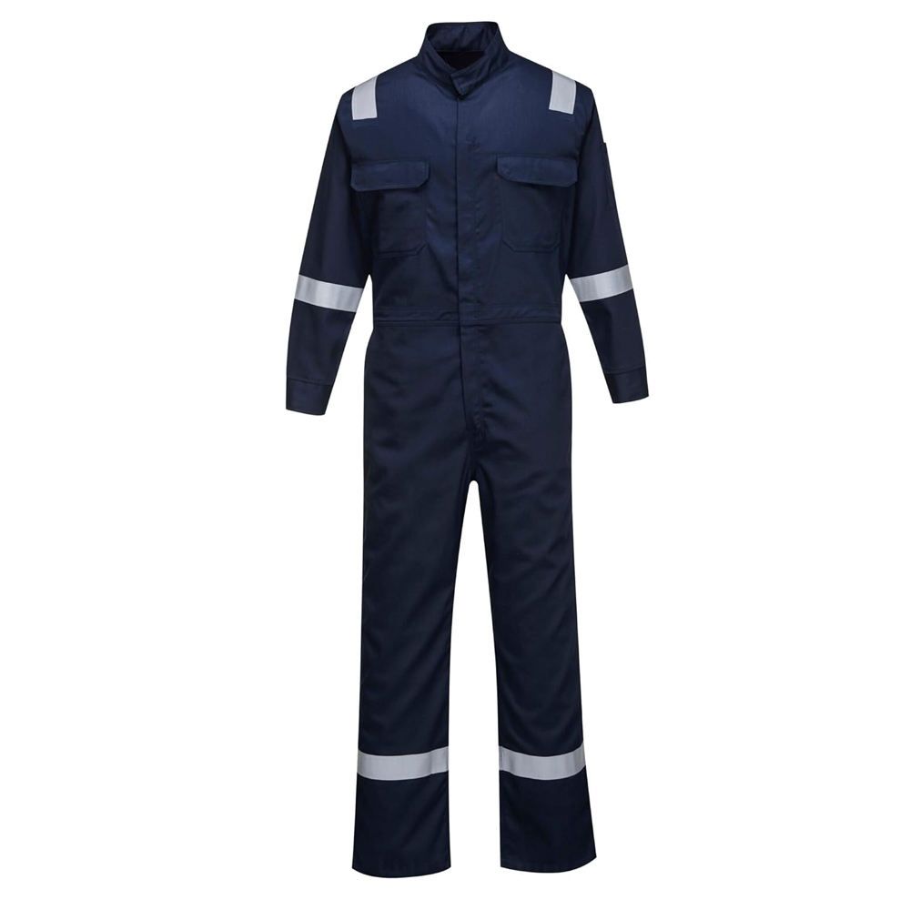 FR coverall in navy with reflective tape, front view, manufactured by Abeeha Leather Industry